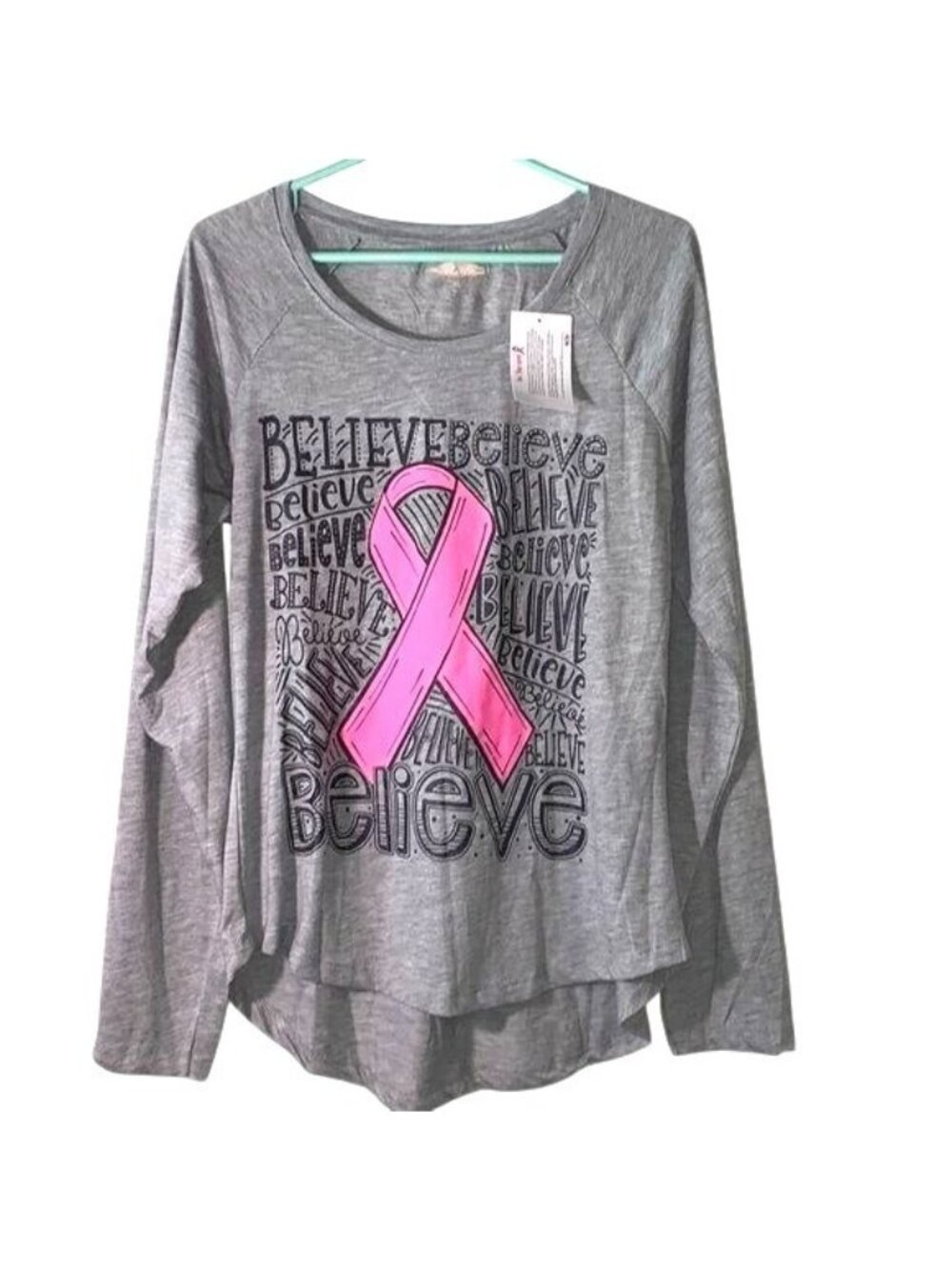 Live Breathe Fight Gray Breast Cancer Awareness Long Sleeve Top With Pink Ribbon